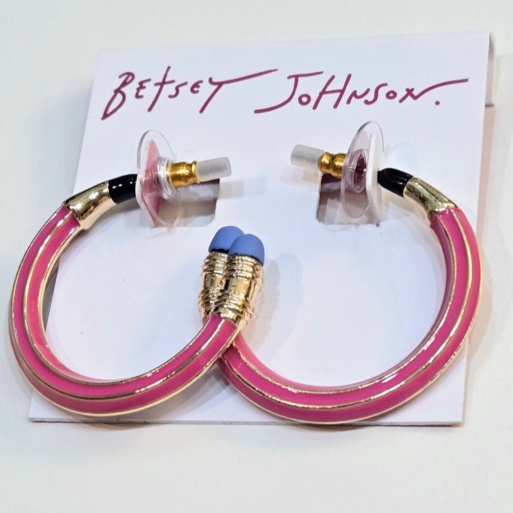 BETSEY JOHNSON Back to School Pink Pencil with Blue Eraser Hoop Earrings NEW NWT